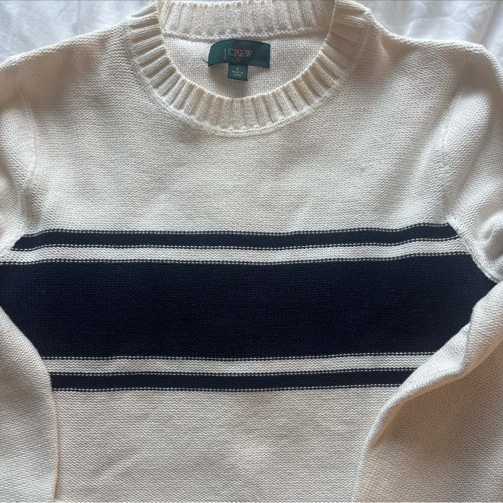 J Crew Medium Blue White Striped Sweater Cotton Crewneck